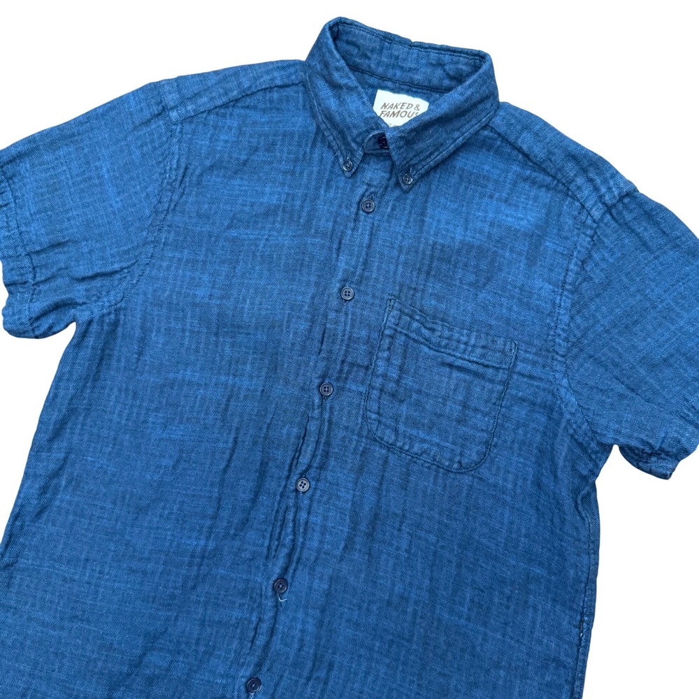 Naked & Famous Easy Shirt Mens Medium Blue Double Faced Twill Short Sleeve Tops
